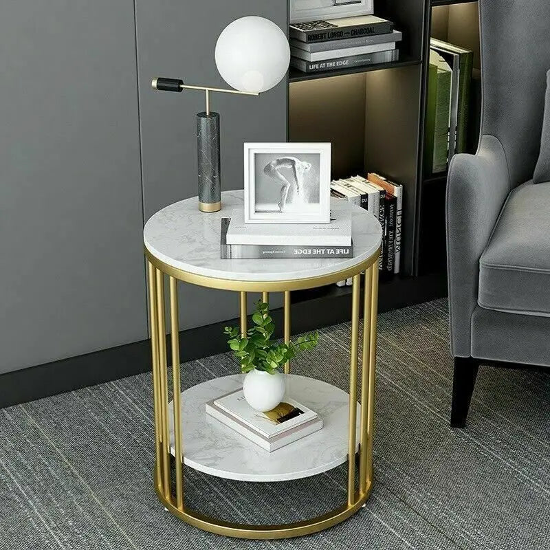 2-Tier Round White Marble Side Table – Modern Coffee Table
