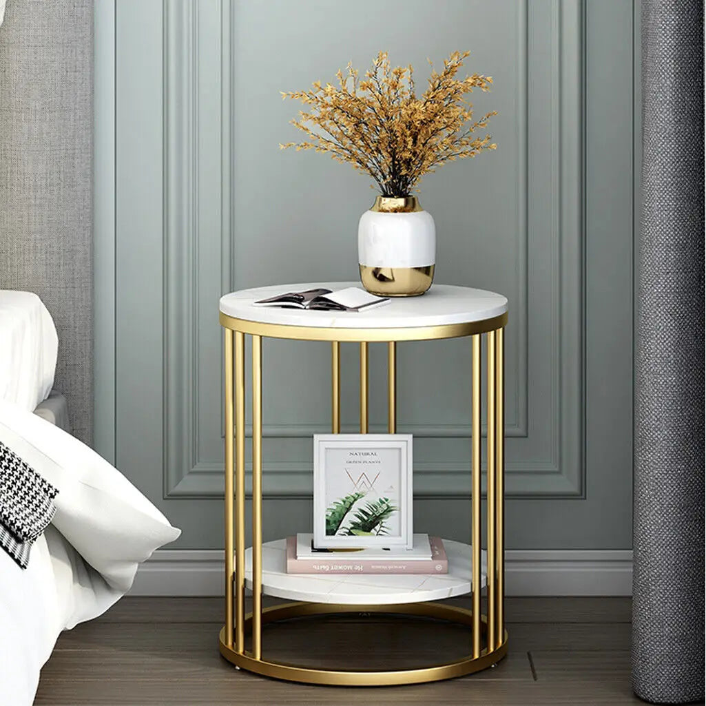 2-Tier Round White Marble Side Table – Modern Coffee Table
