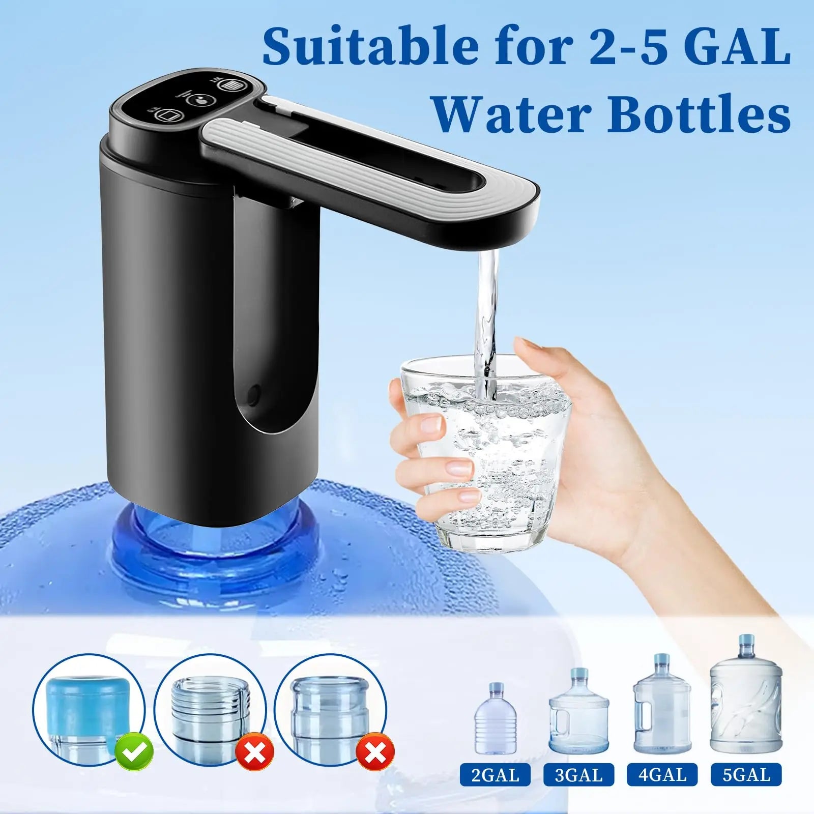 Automatic Water Bottle Pump – Portable Electric Water Dispenser for 5-Gallon Bottles (Type-C, Black)