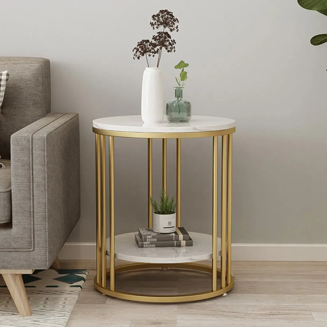 2-Tier Round White Marble Side Table – Modern Coffee Table