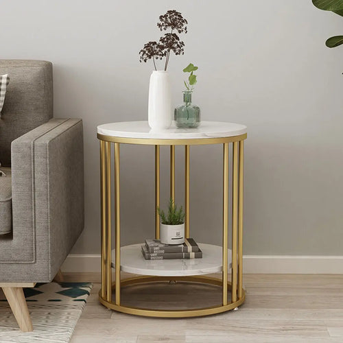 2-Tier Round White Marble Side Table – Modern Coffee Table