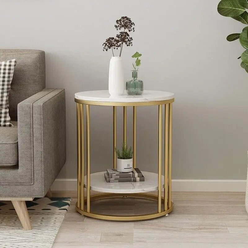 2-Tier Round White Marble Side Table – Modern Coffee Table